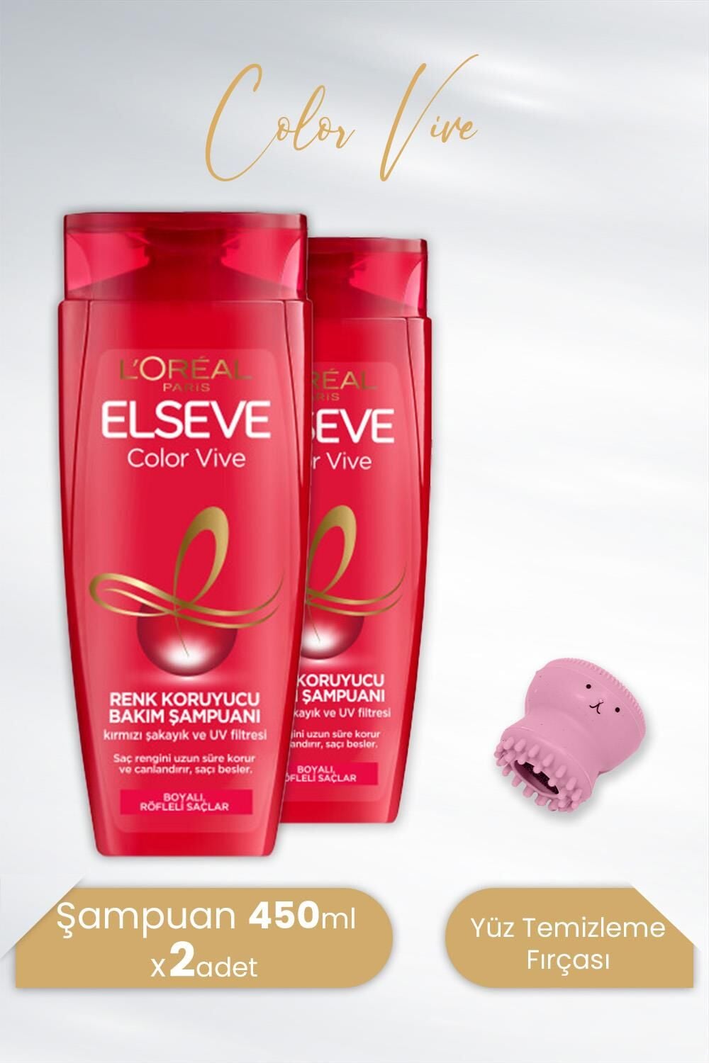 Elseve Color Vive Renk Koruyucu Şampuan 450 ml x 2 Adet ve Tarko Lionesse Yüz Temizleme Fırçası - Pembe