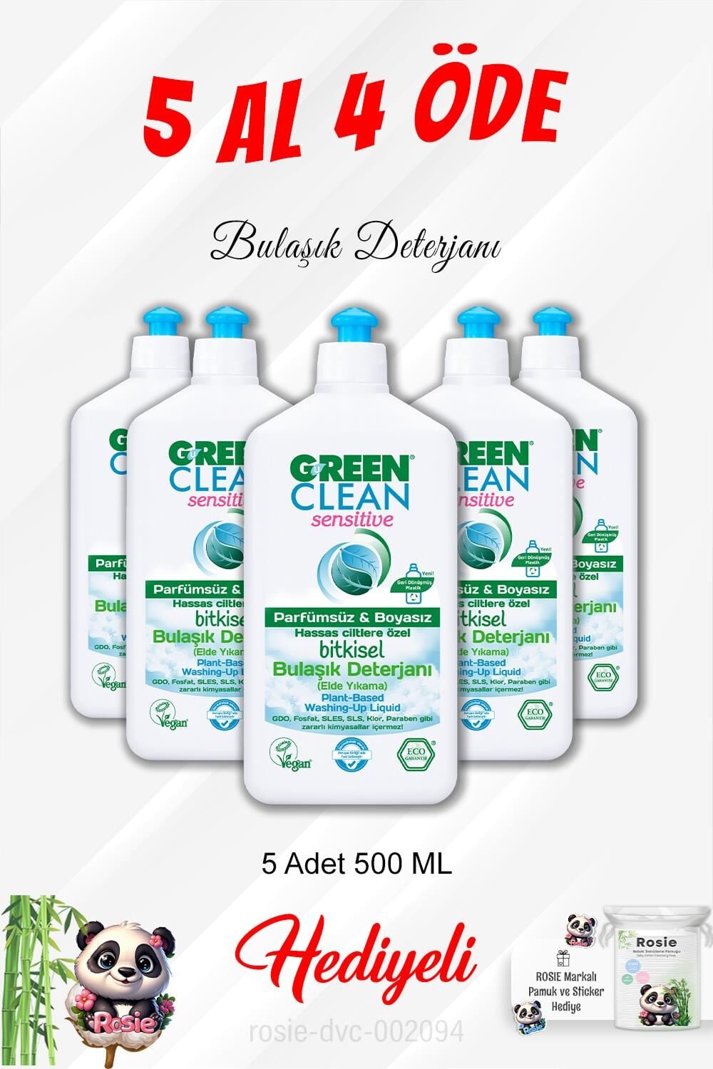 500 ML Bitkisel Bulaşık Deterjanı 5 Al 4 Öde ve Rosie Pamuk