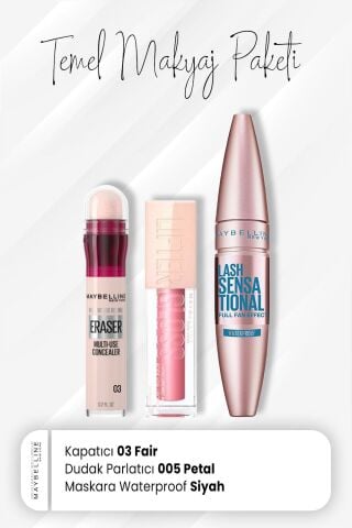 Maybelline New York Eraser Kapatıcı 03, Waterproof Maskara Black ve Dudak Parlatıcısı 005 Petal