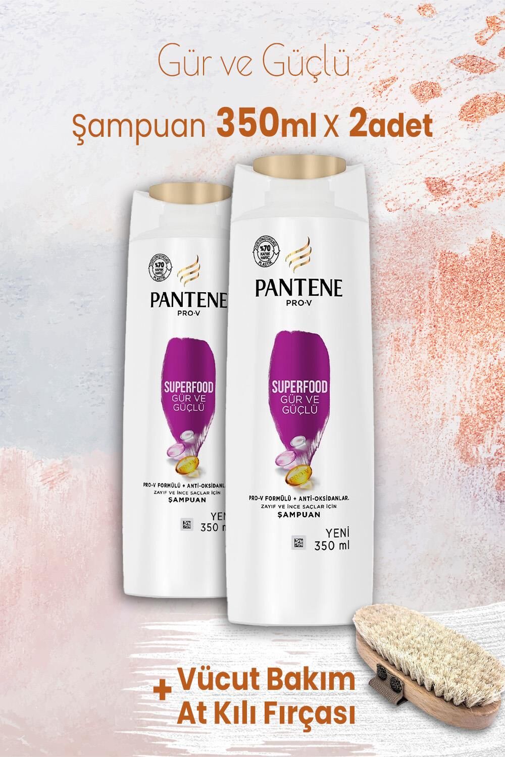 Pantene Şampuan Pro-V Superfood Gür ve Güçlü 350 ml x 2 Adet ve Vücut Bakım At Kılı Fırçası