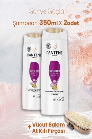 Pantene Şampuan Pro-V Superfood Gür ve Güçlü 350 ml x 2 Adet ve Vücut Bakım At Kılı Fırçası