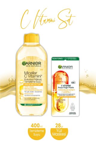 Garnier Ampul Kağıt Maske C Vitamini Ananas Özü 15 gr ve Micellar Makyaj Temizleme Suyu C Vitamini 400 ml