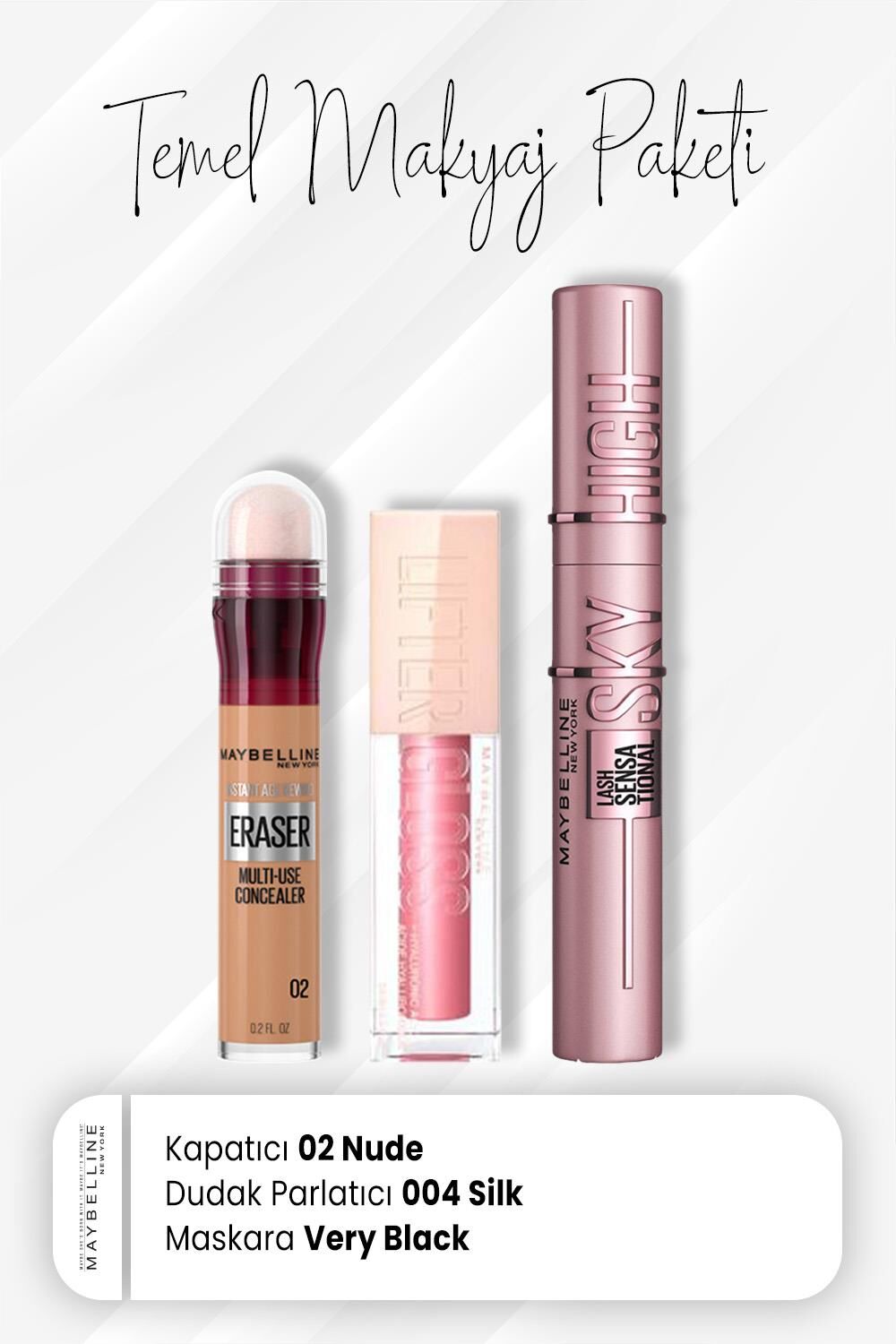 Maybelline New York Eraser Kapatıcı 02, Sky High Maskara Very Black ve Dudak Parlatıcı 004 Silk
