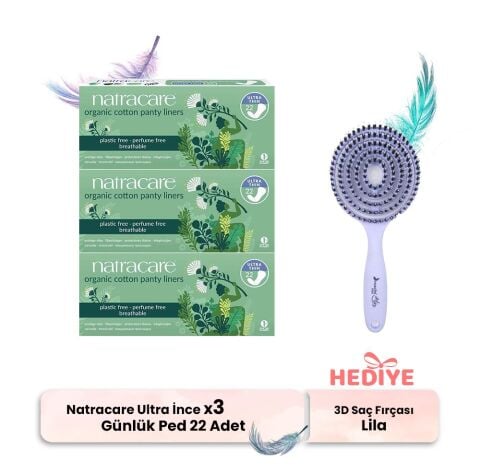 Natracare Günlük Ped Ultra İnce 22' li x 3, 3D Saç Fırçası Lila Hediyeli