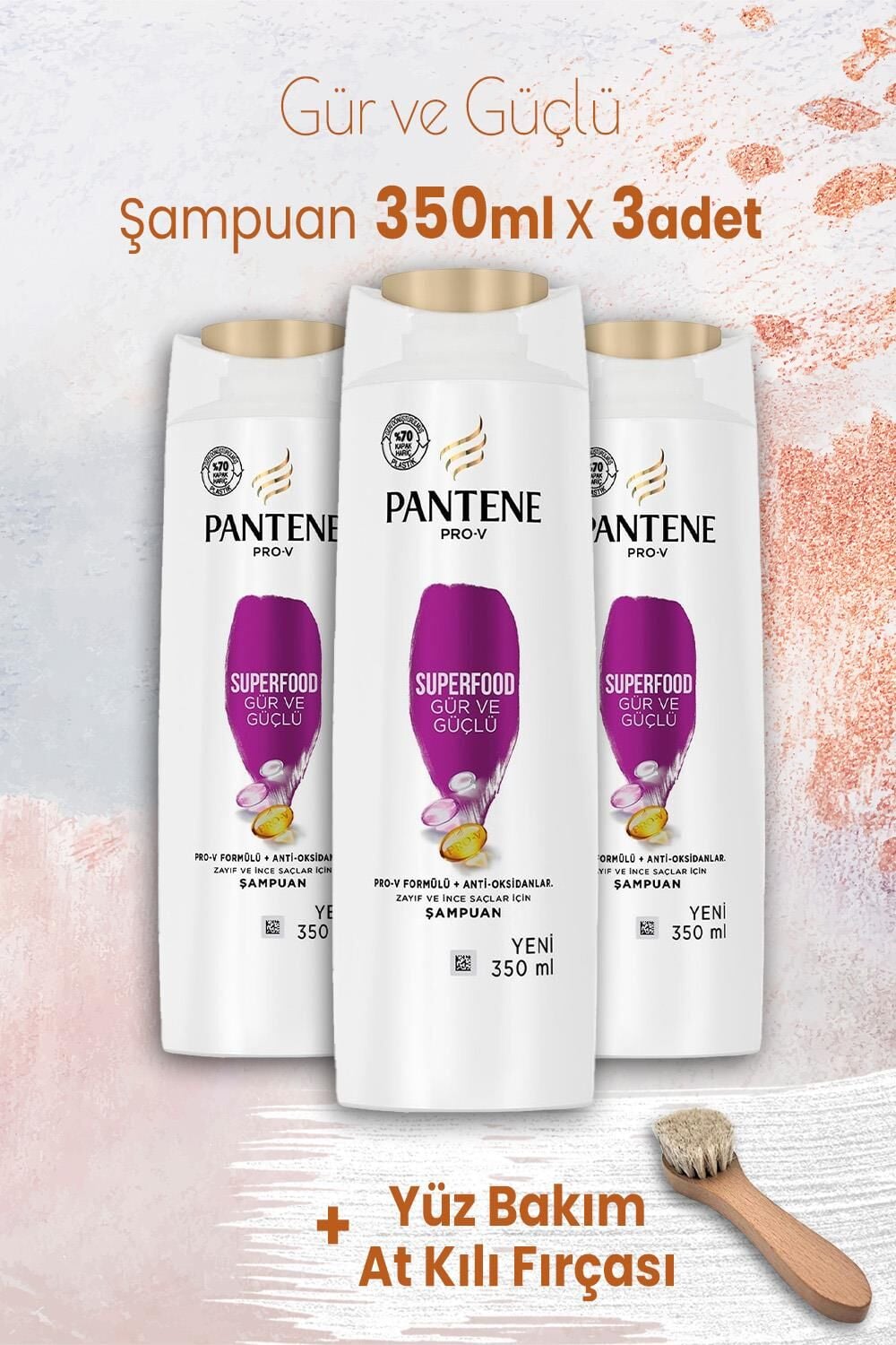 Pantene Şampuan Pro-V Superfood Gür ve Güçlü 350 ml x 3 Adet ve Yüz Bakım At Kılı Fırçası