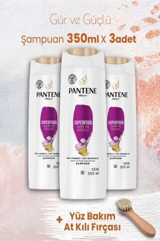 Pantene Şampuan Pro-V Superfood Gür ve Güçlü 350 ml x 3 Adet ve Yüz Bakım At Kılı Fırçası