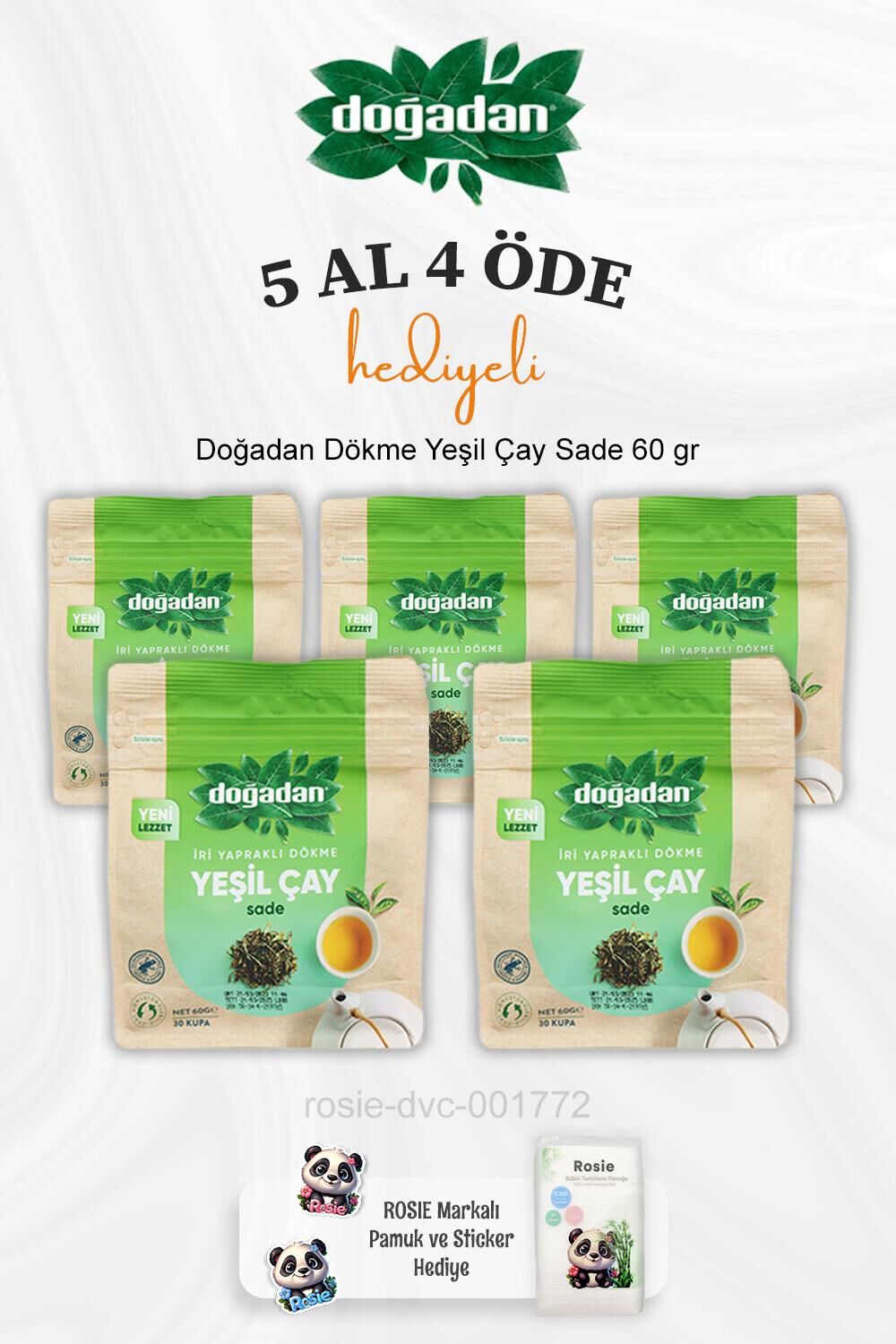 Doğadan Dökme Yeşil Çay Sade 60 gr 5 Al 4 Öde ve Rosie Pamuk