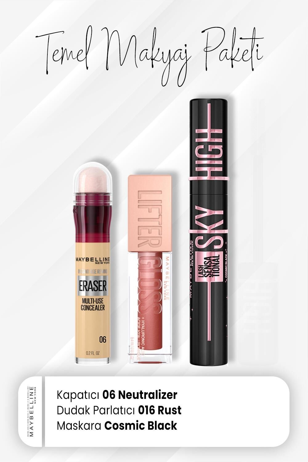 Maybelline New York Eraser Kapatıcı 06, Sky High Maskara Cosmic Black ve Dudak Parlatıcı 016 Rust