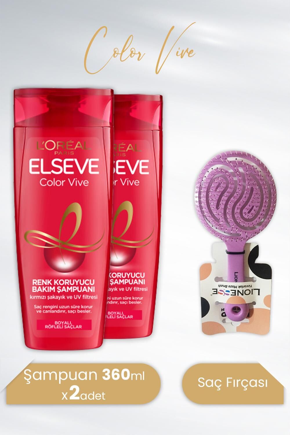 Elseve Color Vive Renk Koruyucu Şampuan 360 ml x 2 Adet ve Tarko Lionesse Saç Fırçası Yuvarlak Mor