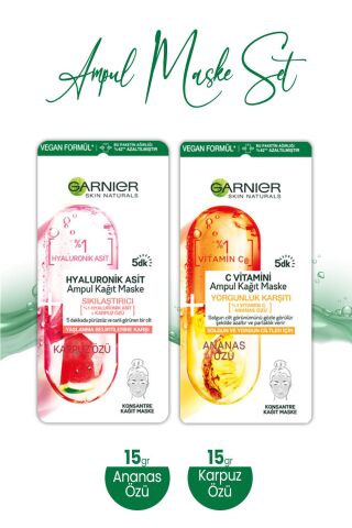 Garnier Ampul Kağıt Maske C Vitamini Ananas Özü 15 gr ve Hyaluronik Karpuz Özü Kağıt Maske 15 gr