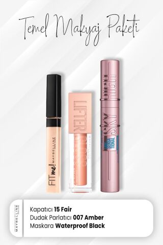 Maybelline New York Fit Me Kapatıcı 15, Sky High Waterproof Maskara Black ve Dudak Parlatıcı 007 Amber