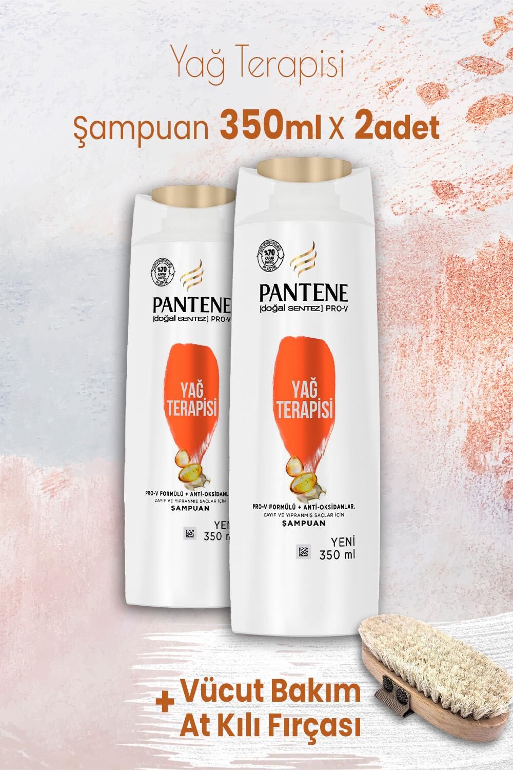 Pantene Şampuan Pro-V Yağ Terapisi 350 ml x 2 Adet ve Vücut Bakım At Kılı Fırçası