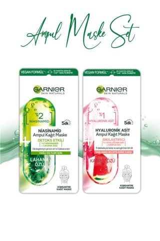 Garnier Ampul Kağıt Maske Hyaluronik Karpuz Özü 15 gr ve Niacinamide Lahana Özü Kağıt Maske 15 gr