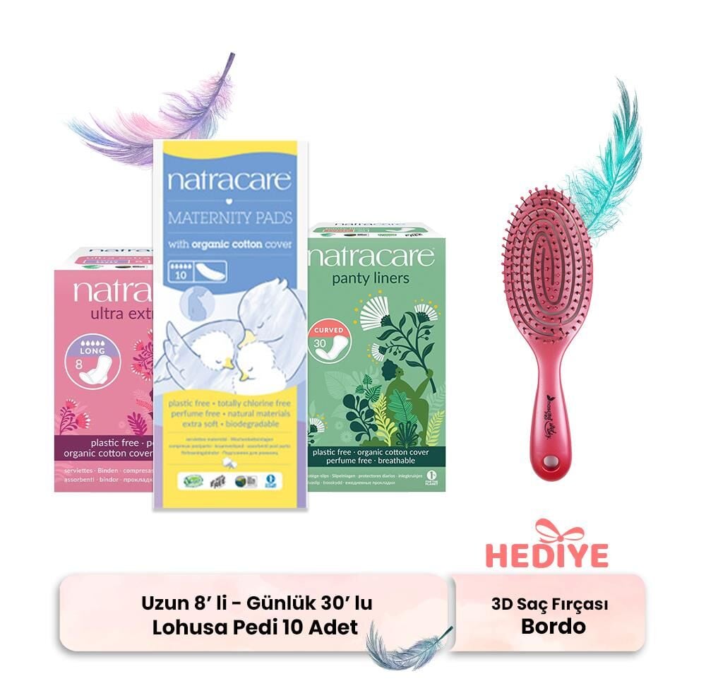 Natracare Uzun 8' li - Günlük 30' lu ve Lohusa Pedi 10' lu, 3D Saç Fırçası Bordo Hediyeli