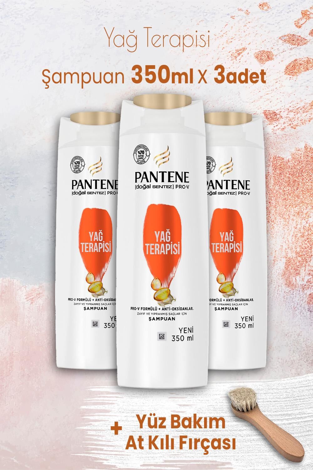 Pantene Şampuan Pro-V Yağ Terapisi 350 ml x 3 Adet ve Yüz Bakım At Kılı Fırçası