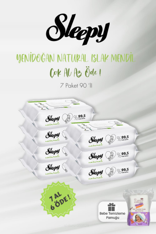 Sleepy 7 AL 6 ÖDE Natural Yenidoğan Islak Mendili 90 Adet ve Bebek Pamuğu