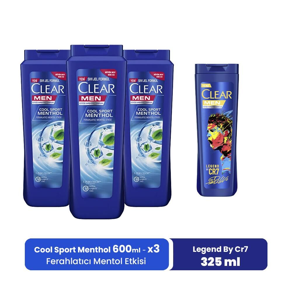 Clear Men Şampuan Cool Sport Menthol 600 ml x 3, Legend By CR7 325 ml