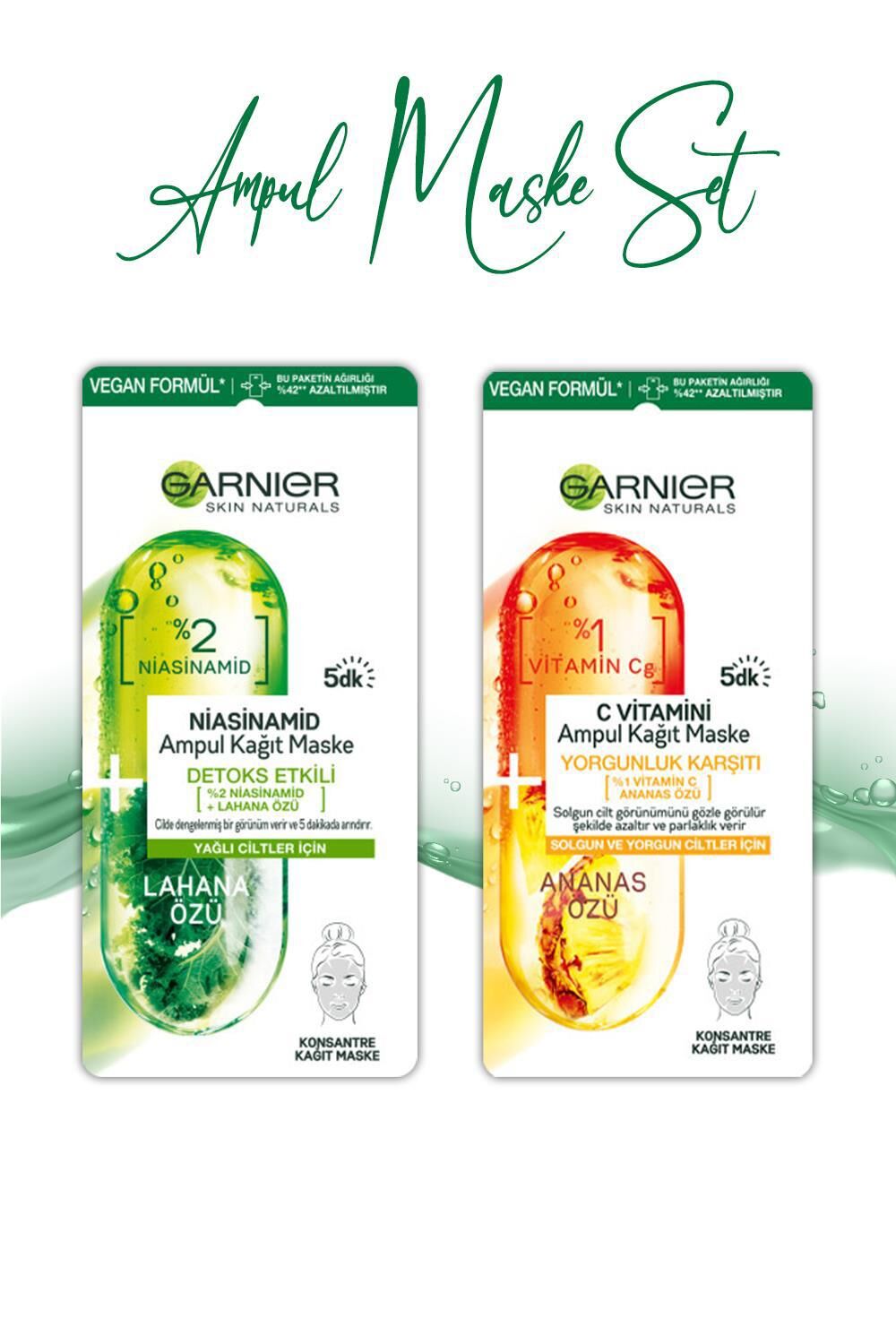 Garnier Ampul Kağıt Maske C Vitamini Ananas Özü 15 gr ve Niacinamide Lahana Özü Kağıt Maske 15 gr