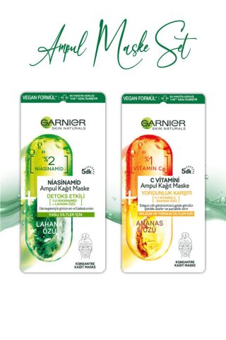 Garnier Ampul Kağıt Maske C Vitamini Ananas Özü 15 gr ve Niacinamide Lahana Özü Kağıt Maske 15 gr