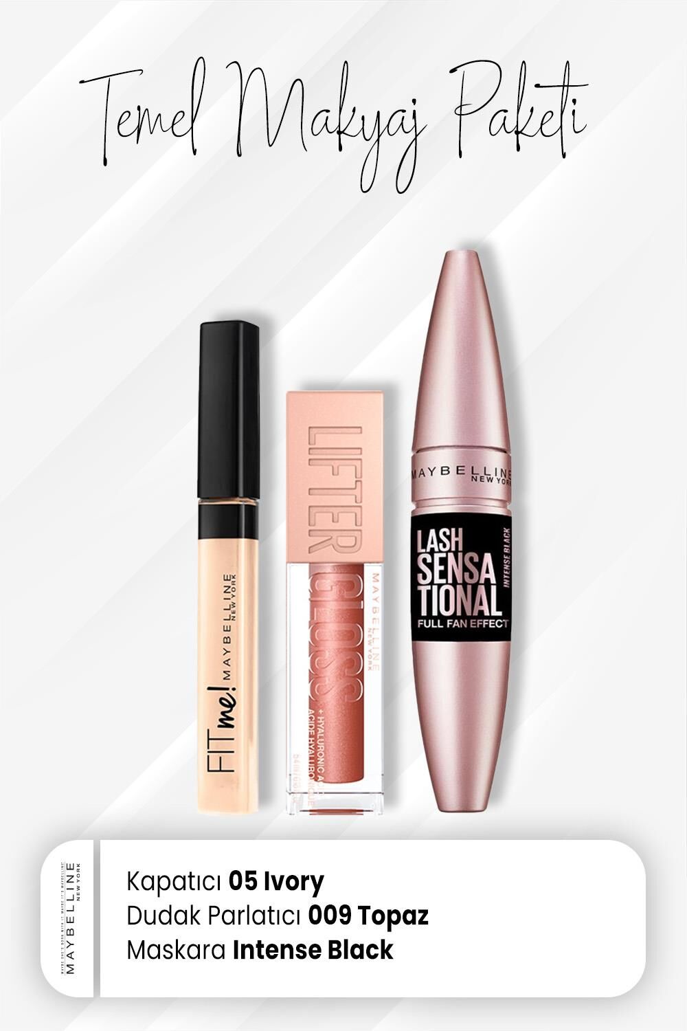 Maybelline New York Fit Me Kapatıcı 05, Full Fan Maskara Black ve Dudak Parlatıcı 009 Topaz