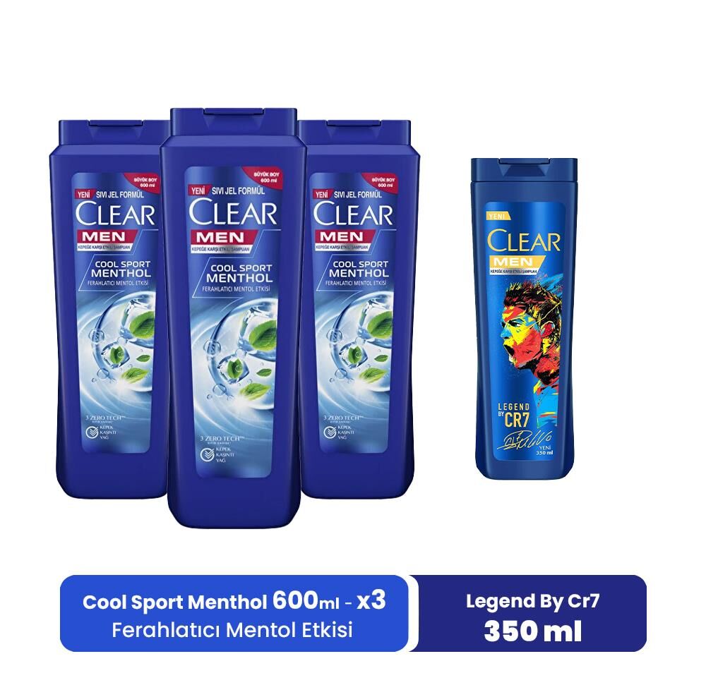 Clear Men Şampuan Cool Sport Menthol 600 ml x 3, Legend By CR7 350 ml