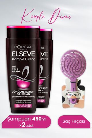 Elseve Komple Direnç Dökülme Karşıtı 2' si 1 Arada Şampuan 450 ml x 2 Adet ve Tarko Lionesse Saç Fırçası Yuvarlak Mor