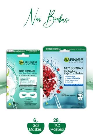 Garnier Nem Bombası Kağıt Yüz Maskesi 28 gr ve Kağıt Göz Maskesi Hindistan Cevizi 6 gr