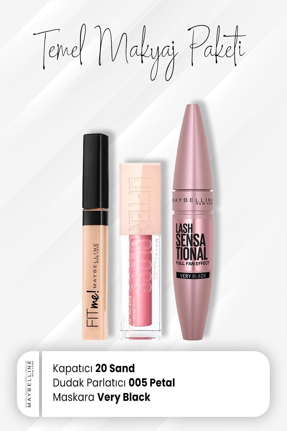 Maybelline New York Fit Me Kapatıcı 20, Full Fan Maskara Very Black ve Dudak Parlatıcı 005 Petal
