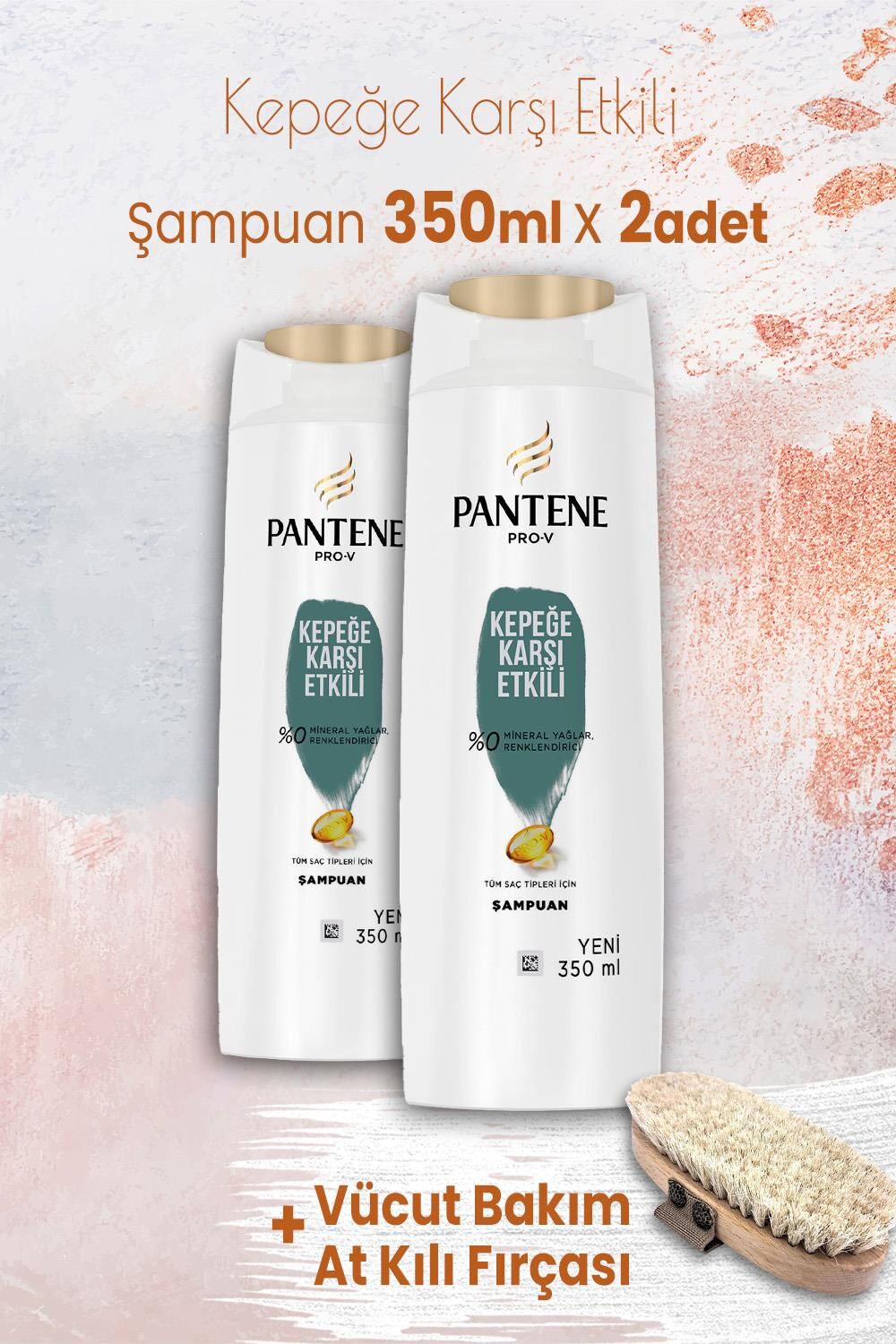 Pantene Şampuan Pro-V Kepeğe Karşı 350 ml x 2 Adet ve Vücut Bakım At Kılı Fırçası