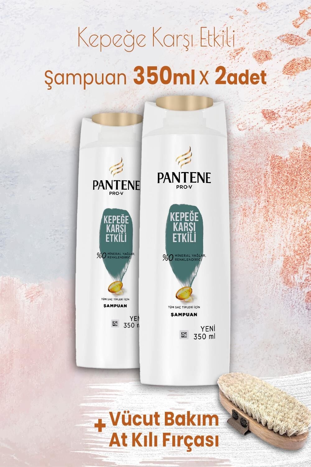 Pantene Şampuan Pro-V Kepeğe Karşı 350 ml x 2 Adet ve Vücut Bakım At Kılı Fırçası