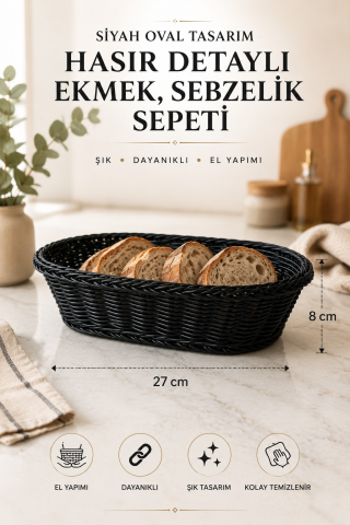 Siyah Oval Tasarım Hasır Detaylı Ekmek, Sebzelik Sepeti 27x 8 cm