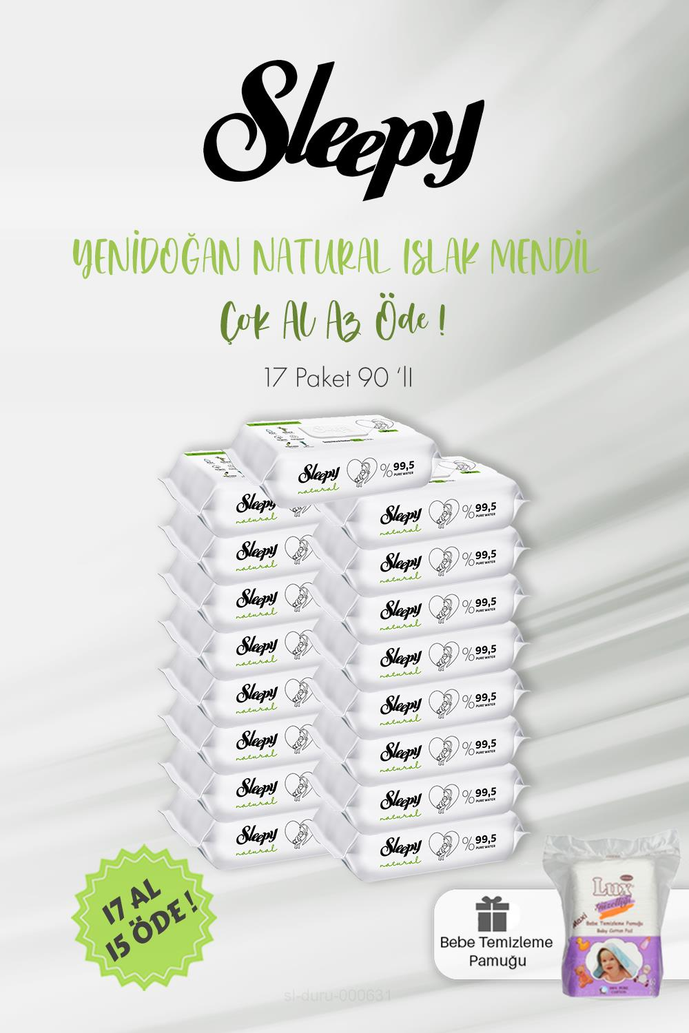 Sleepy 17 AL 15 ÖDE Natural Yenidoğan Islak Mendili 90 Adet ve Bebek Pamuğu
