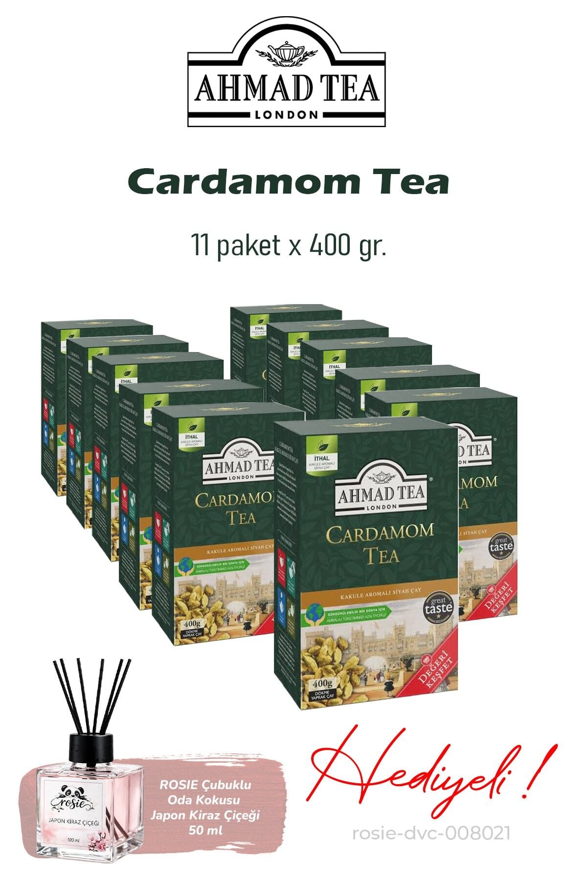 11 Paket Ahmad Tea Cardamom Dökme Çay 400 gr. ve ROSIE koku