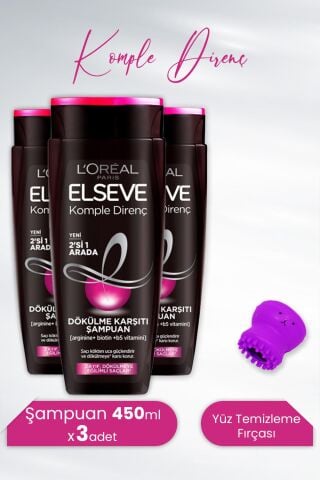 Elseve Komple Direnç Dökülme Karşıtı 2' si 1 Arada Şampuan 450 ml x 3 Adet ve Tarko Lionesse Yüz Temizleme Fırçası - Mor