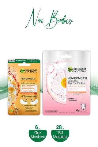 Garnier Nem Bombası Kağıt Yüz Maskesi Dinlendirici 28 gr ve Kağıt Göz Maskesi Portakal 6 gr