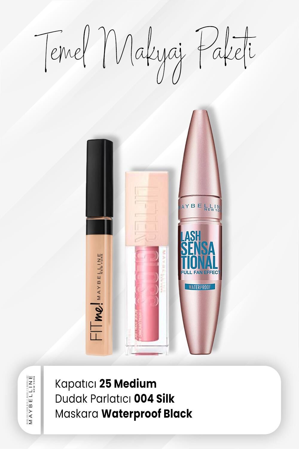 Maybelline New York Fit Me Kapatıcı 25, Waterproof Maskara Black ve Dudak Parlatıcı 004 Silk
