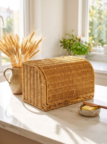 Ekmek Dolabı Kapaklı, Hasır Detaylı 35 cm