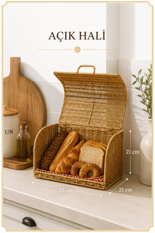 Ekmek Dolabı Kapaklı, Hasır Detaylı 35 cm