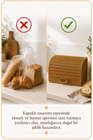 Ekmek Dolabı Kapaklı, Hasır Detaylı 35 cm