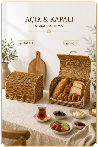 Ekmek Dolabı Kapaklı, Hasır Detaylı 35 cm
