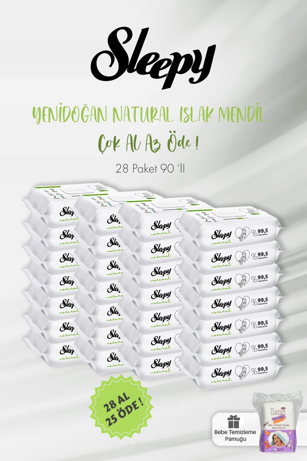 Sleepy Natural Yenidoğan Islak Mendili 90 Adet 28 AL 25 ÖDE ve Bebek Pamuğu