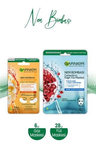 Garnier Nem Bombası Kağıt Yüz Maskesi Canlandırıcı 28 gr ve Kağıt Göz Maskesi Portakal 6 gr