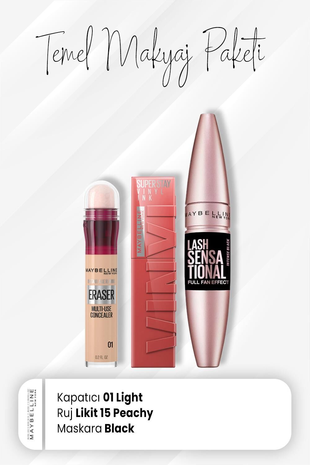 Maybelline New York Eraser Kapatıcı 01, Full Fan Maskara Intense Black ve Vinyl Ink Ruj 15 Peachy