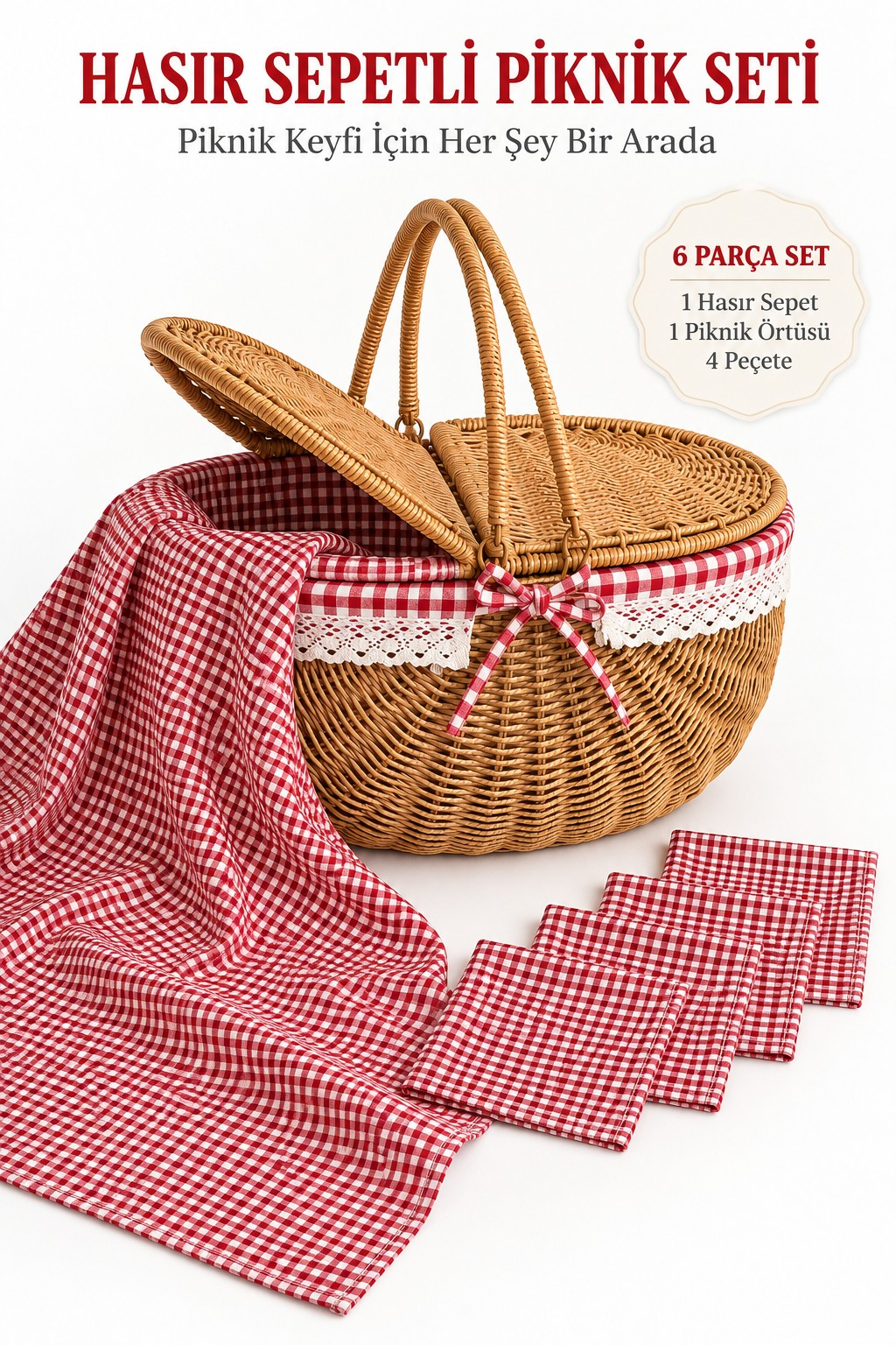 Hasır Görünümlü Oval Sepet 38 cm + Piknik Seti 5 parça
