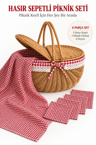 Hasır Görünümlü Oval Sepet 38 cm + Piknik Seti 5 parça