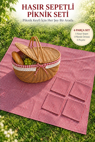 Hasır Görünümlü Oval Sepet 38 cm + Piknik Seti 5 parça