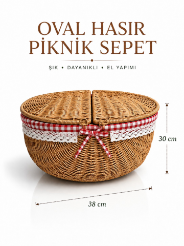 Hasır Görünümlü Oval Sepet 38 cm + Piknik Seti 5 parça
