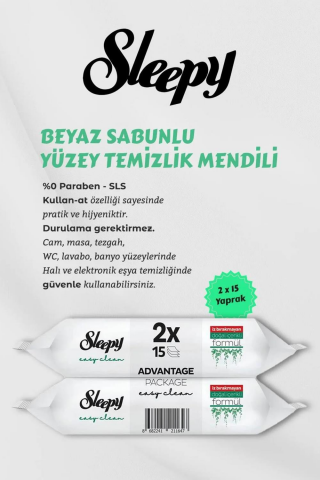 Sleepy 2 Adet Beyaz Sabunlu Yüzey Temizlik Havlusu 50' li, Easy Clean 2x15 ve ROSIE