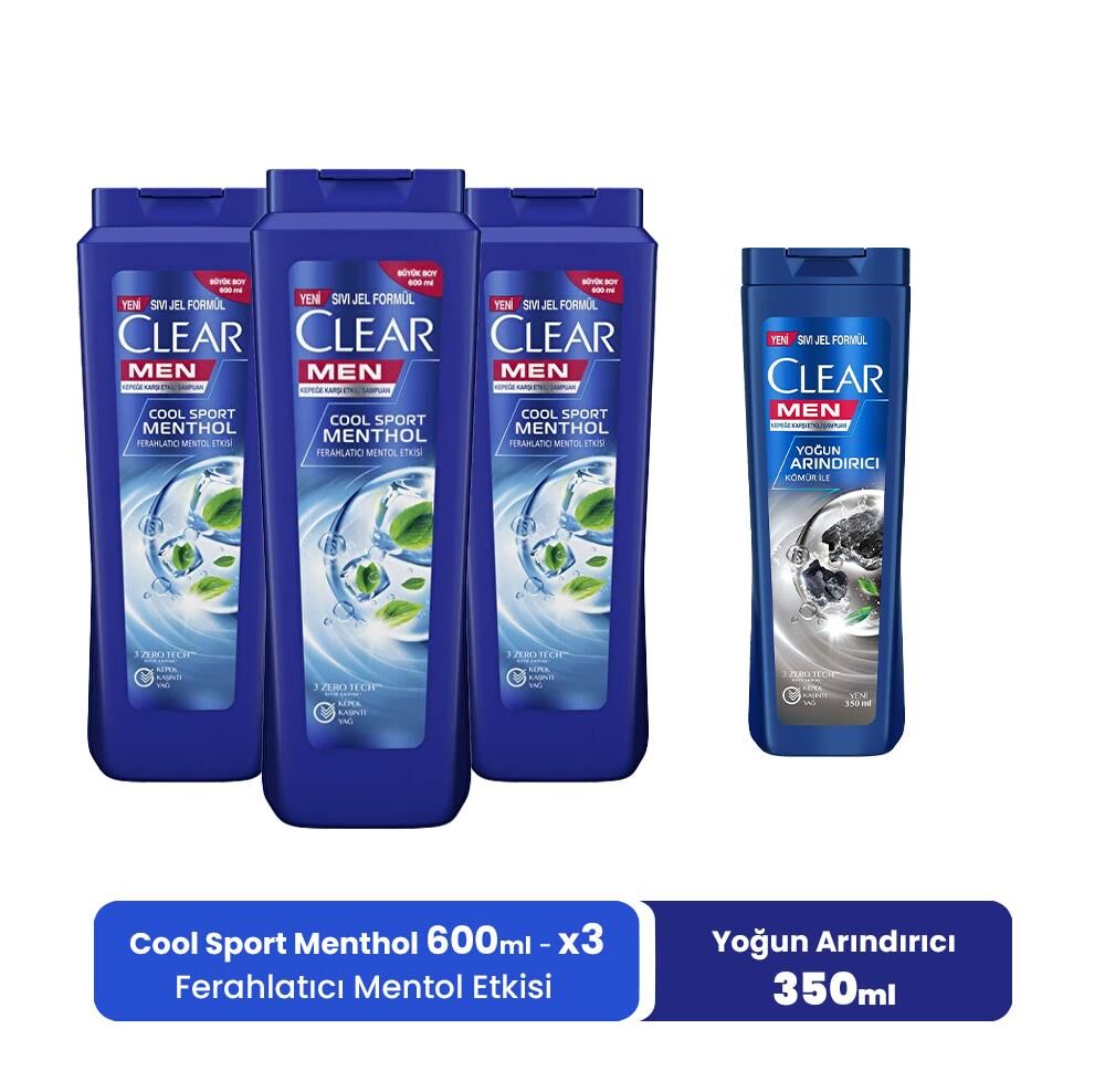 Clear Men Şampuan Cool Sport Menthol 600 ml x 3 ve Yoğun Arındırıcı 350 ml