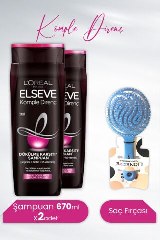 Elseve Komple Direnç Dökülme Karşıtı Şampuan 670 ml x 2 Adet ve Tarko Lionesse Saç Fırçası Yuvarlak Mavi